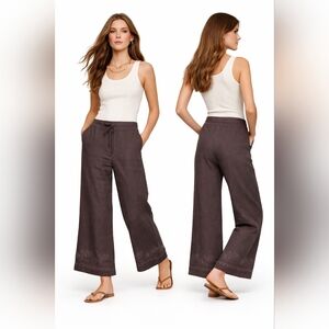 Nwt Escada Sport Handmade Linen Wide-Leg Pants Tie Front Embroidered Hem